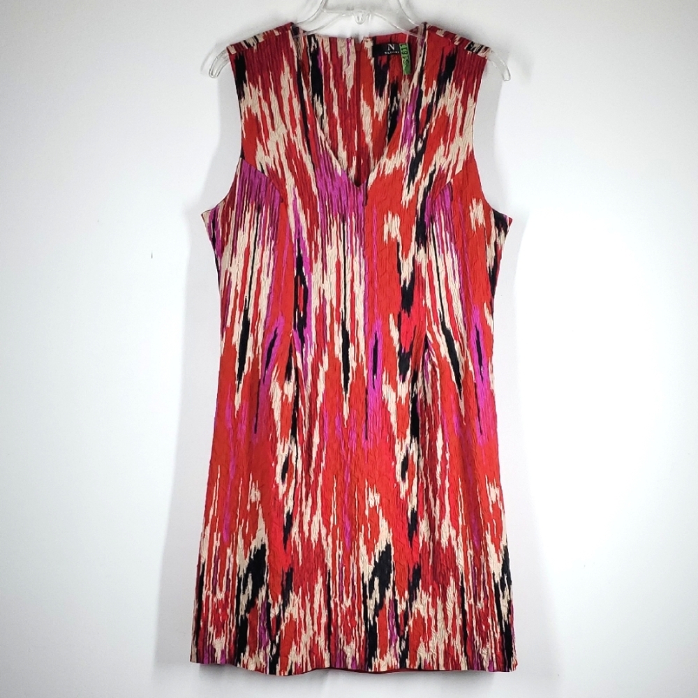 Natori Red Pink Black Abstract Print V Neck Sleeveless Dress Size 12